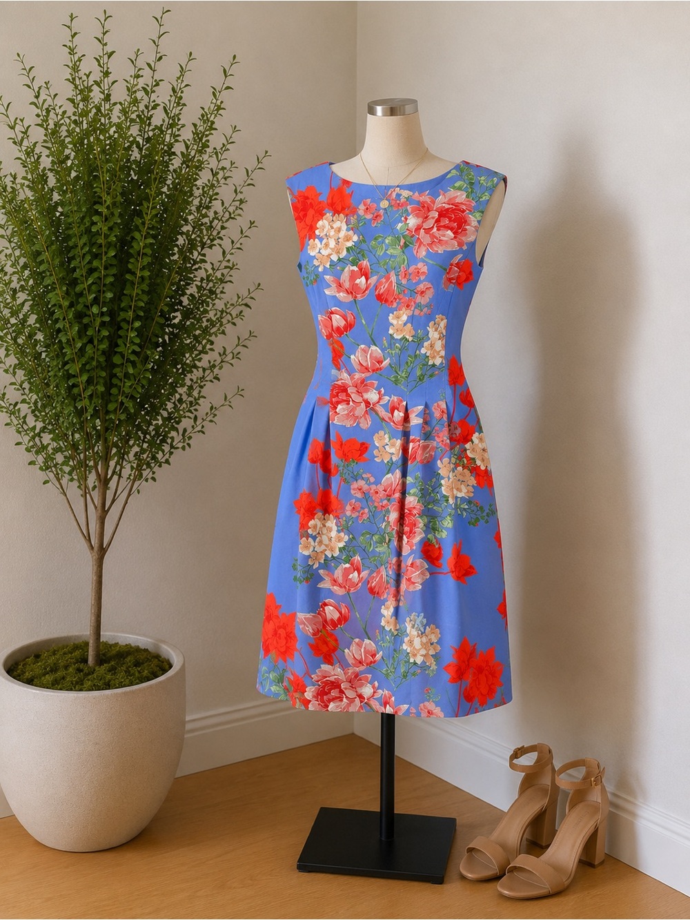 Vince Camuto Blue Floral Midi Dress with Red & Pink Blooms